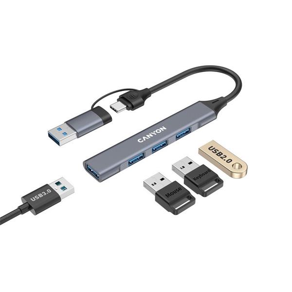 Canyon DS-02, USB-C Hub, 4 porty, 3xUSB 2.0 480Mbps, 1xUSB 3.0, 5Gbps, USB-C/USB-A adaptér, šedá 
