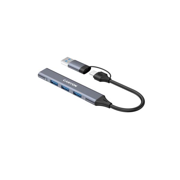Canyon DS-02, USB-C Hub, 4 porty, 3xUSB 2.0 480Mbps, 1xUSB 3.0, 5Gbps, USB-C/USB-A adaptér, šedá 