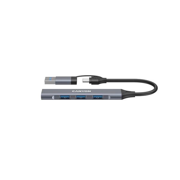 Canyon DS-02, USB-C Hub, 4 porty, 3xUSB 2.0 480Mbps, 1xUSB 3.0, 5Gbps, USB-C/USB-A adaptér, šedá 