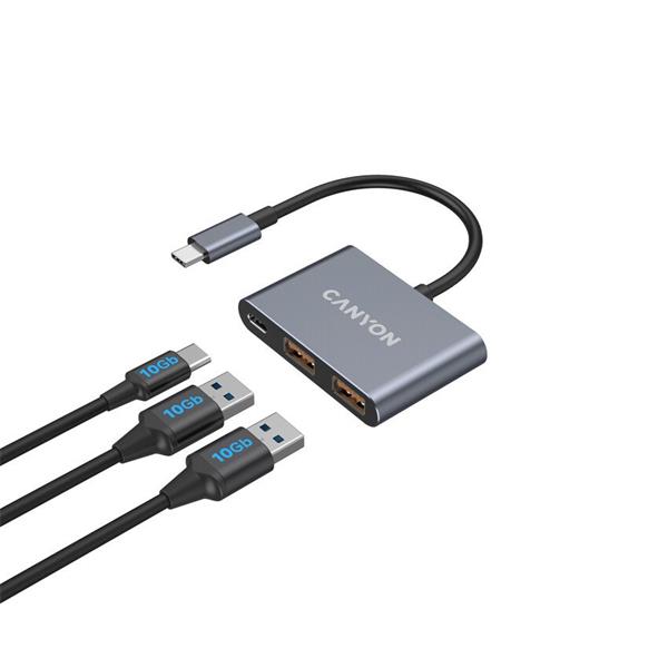 Canyon DS-3, USB-C Hub, 3 porty, 2xUSB-A 10Gbps, 1xUSB-C 10Gbps, šedá 