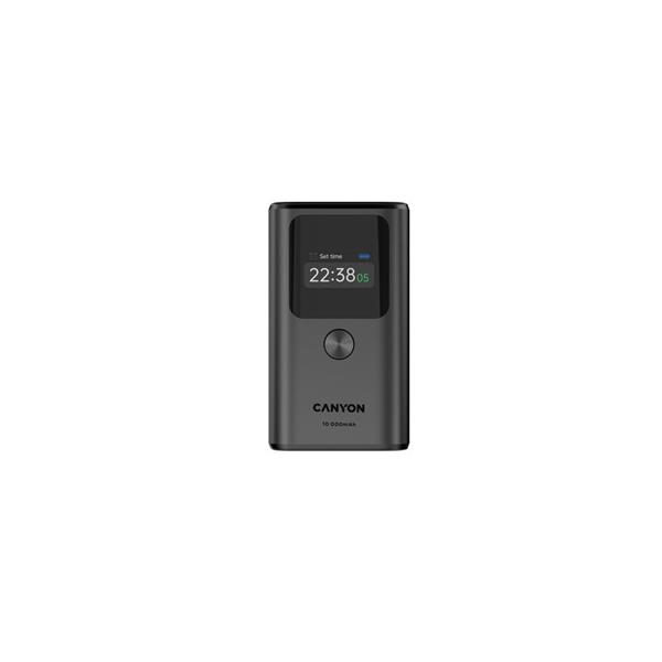 Canyon OnPower 130, Powerbank, 10.000 mAh, displej, in: USB-C, out: 2x USB-C /USB-A, 30W, hodiny/budík/teplomer 