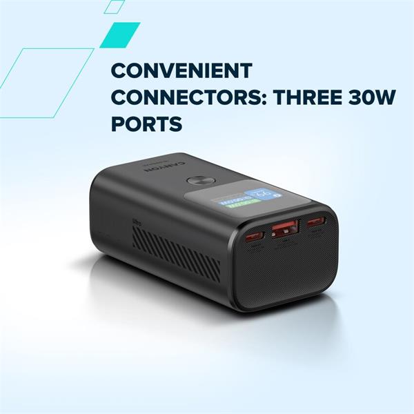 Canyon OnPower 130, Powerbank, 10.000 mAh, displej, in: USB-C, out: 2x USB-C /USB-A, 30W, hodiny/budík/teplomer 