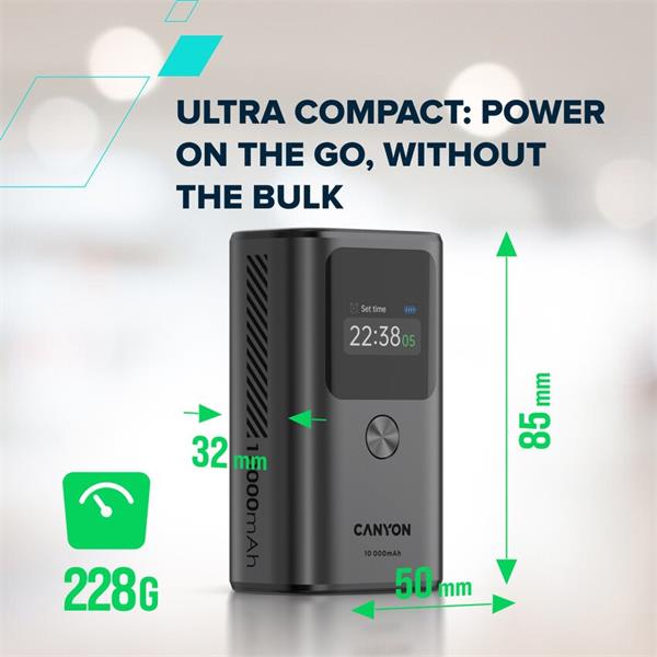 Canyon OnPower 130, Powerbank, 10.000 mAh, displej, in: USB-C, out: 2x USB-C /USB-A, 30W, hodiny/budík/teplomer 