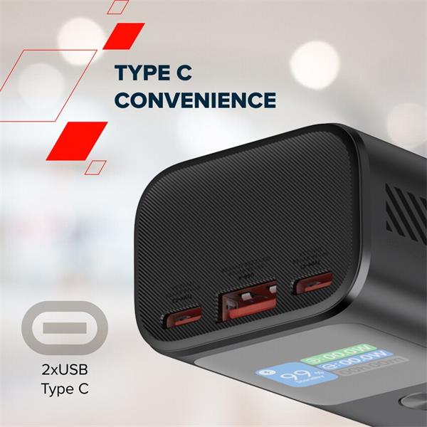 Canyon OnPower 130, Powerbank, 10.000 mAh, displej, in: USB-C, out: 2x USB-C /USB-A, 30W, hodiny/budík/teplomer 