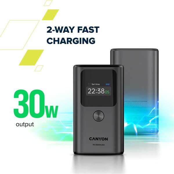 Canyon OnPower 130, Powerbank, 10.000 mAh, displej, in: USB-C, out: 2x USB-C /USB-A, 30W, hodiny/budík/teplomer 