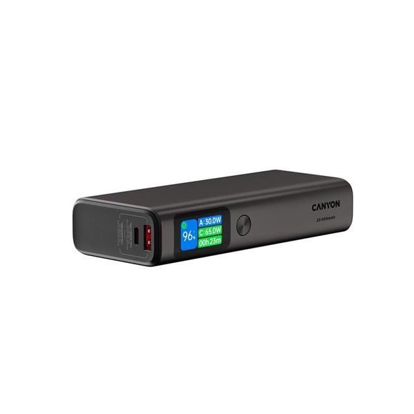 Canyon OnPower 230, Powerbank, 20.000 mAh, displej, in: USB-C, out: 2x USB-C /USB-A, 130W, hodiny/budík/teplomer 