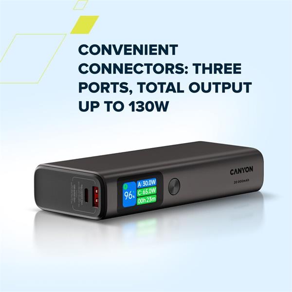 Canyon OnPower 230, Powerbank, 20.000 mAh, displej, in: USB-C, out: 2x USB-C /USB-A, 130W, hodiny/budík/teplomer 