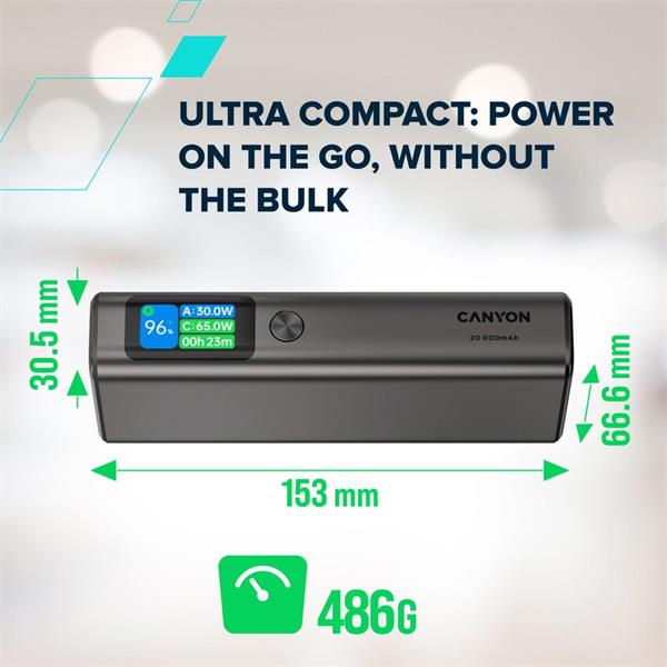 Canyon OnPower 230, Powerbank, 20.000 mAh, displej, in: USB-C, out: 2x USB-C /USB-A, 130W, hodiny/budík/teplomer 