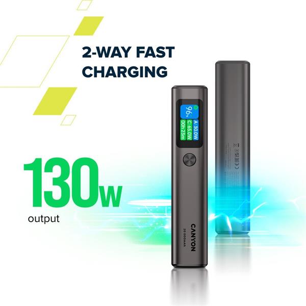 Canyon OnPower 230, Powerbank, 20.000 mAh, displej, in: USB-C, out: 2x USB-C /USB-A, 130W, hodiny/budík/teplomer 