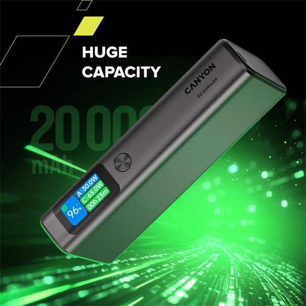 Canyon OnPower 230, Powerbank, 20.000 mAh, displej, in: USB-C, out: 2x USB-C /USB-A, 130W, hodiny/budík/teplomer 