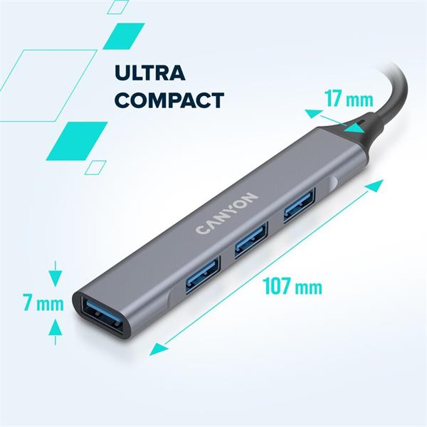 Canyon DS-02, USB-C Hub, 4 porty, 3xUSB 2.0 480Mbps, 1xUSB 3.0, 5Gbps, USB-C/USB-A adaptér, šedá 