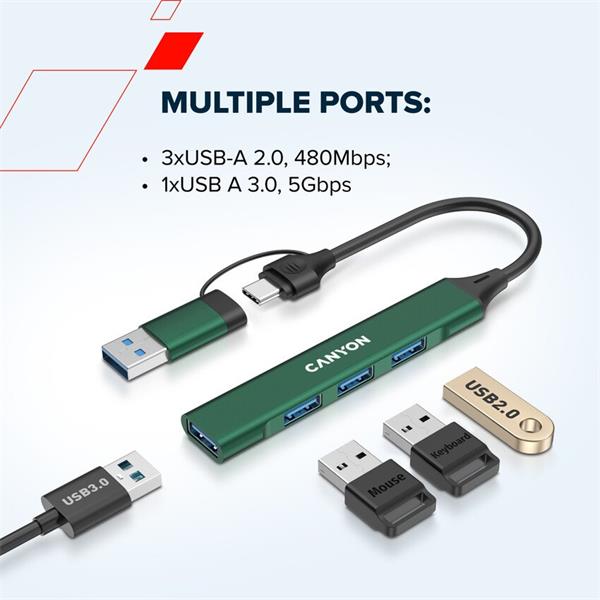 Canyon DS-02, USB-C Hub, 4 porty, 3xUSB 2.0 480Mbps, 1xUSB 3.0, 5Gbps, USB-C/USB-A adaptér, šedá 