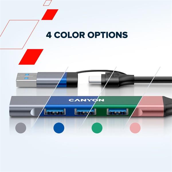 Canyon DS-02, USB-C Hub, 4 porty, 3xUSB 2.0 480Mbps, 1xUSB 3.0, 5Gbps, USB-C/USB-A adaptér, šedá 