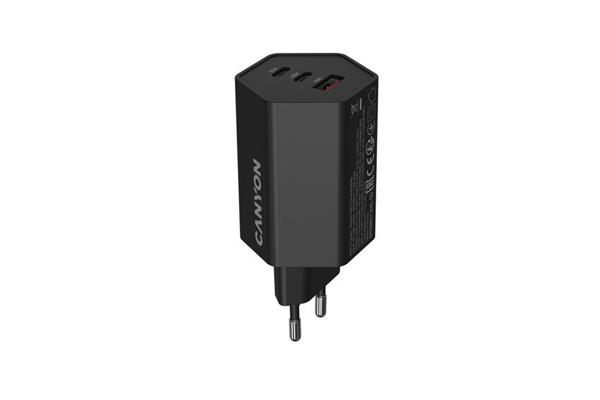 Canyon Hexagon 65, vysokorýchlostná univerzálna nabíjačka do steny, 65W, 2x USB-C + 1x USB-A, čierna 
