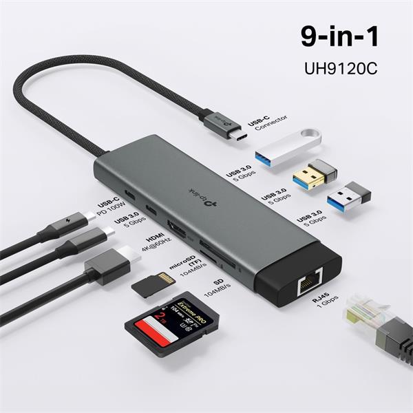 USB Type-C 9-Port Hub
SPEC: 1 × USB-C Connector,1 × HDMI 4K 60Hz Port,1 × USB-C PD 100W Port,1 × RJ45 1000Mbps Port,1 × 