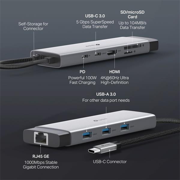USB Type-C 9-Port Hub
SPEC: 1 × USB-C Connector,1 × HDMI 4K 60Hz Port,1 × USB-C PD 100W Port,1 × RJ45 1000Mbps Port,1 × 