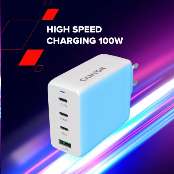 Canyon OnCharge 100ACC, vysokorýchlostná univerzálna nabíjačka do steny, 2xUSB-C 100W, 1xUSB-C 30W, 1xUSB-A 30W, biela 