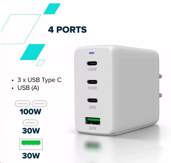 Canyon OnCharge 100ACC, vysokorýchlostná univerzálna nabíjačka do steny, 2xUSB-C 100W, 1xUSB-C 30W, 1xUSB-A 30W, biela 
