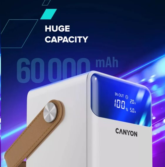 Canyon OnPower 610, Powerbank, 60.000 mAh, displej, in: USB-C, out: 3x USB-C,  PD 100W, 3x USB-A, QC 3.0, biela 