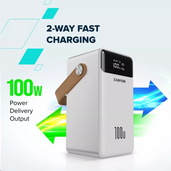 Canyon OnPower 610, Powerbank, 60.000 mAh, displej, in: USB-C, out: 3x USB-C,  PD 100W, 3x USB-A, QC 3.0, biela 
