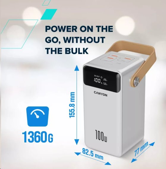 Canyon OnPower 610, Powerbank, 60.000 mAh, displej, in: USB-C, out: 3x USB-C,  PD 100W, 3x USB-A, QC 3.0, biela 
