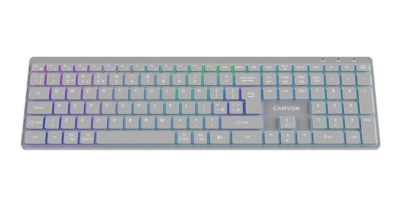Canyon HKB-W11, 2v1 bezdrôtová klávesnica, vodeodolná, 12 multim. kláves, RGB podsv, plnoh. veľkosť, štíhla, SK/CZ, šedá 