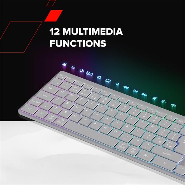 Canyon HKB-W11, 2v1 bezdrôtová klávesnica, vodeodolná, 12 multim. kláves, RGB podsv, plnoh. veľkosť, štíhla, SK/CZ, šedá 