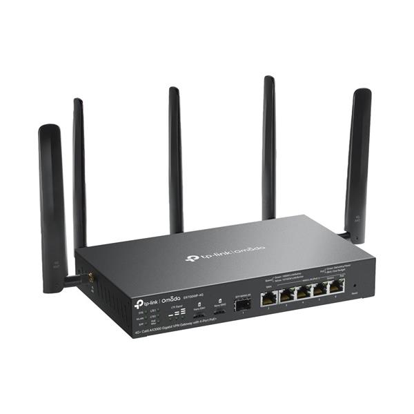 Omada 4G+ Cat6 AX3000 Gigabit VPN Gateway with 4-Port PoE+ PORT: 1× Gigabit SFP WAN/LAN Port, 1× Gigabit RJ45 WAN Port,  