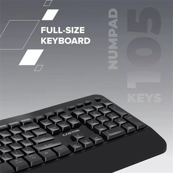 Canyon HKB-W6, 2v1 bezdrôtová klávesnica, ergonomická s opierkou, vodeodolná, 104 klávesov, US, čierna 