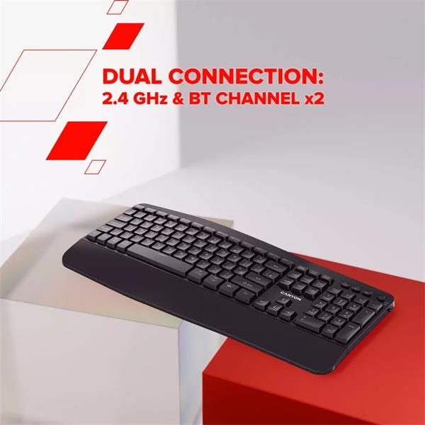 Canyon HKB-W6, 2v1 bezdrôtová klávesnica, ergonomická s opierkou, vodeodolná, 104 klávesov, US, čierna 