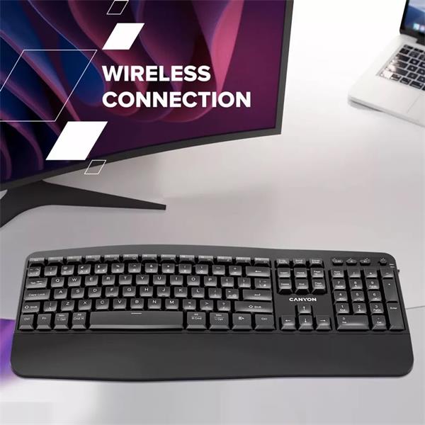Canyon HKB-W6, 2v1 bezdrôtová klávesnica, ergonomická s opierkou, vodeodolná, 104 klávesov, US, čierna 
