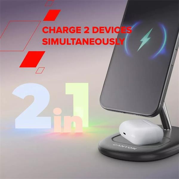 Canyon OnCharge 205, 2v1, bezdrôtová nabájacia stanica pre 2 zariadenia simultánne, bez nap. adaptéra, čierna 