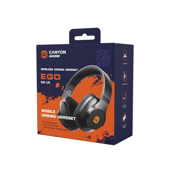Canyon Ego GH-15, herný headset, bezdrôtový Bluetooth v5.3 / drôtový 3.5mm jack, 18 hod výdrž, USB-C nab, čierny 