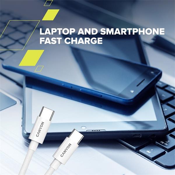 Canyon CC60AB12, 1.2 m kábel, USB-C / USB-C, 60 W, 480 Mbps, biely 