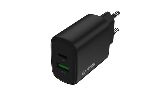 Canyon OnCharge 200, univerzálna nabíjačka do steny, 1x USB-C + 1x USB-A, PD 20W, čierna 
