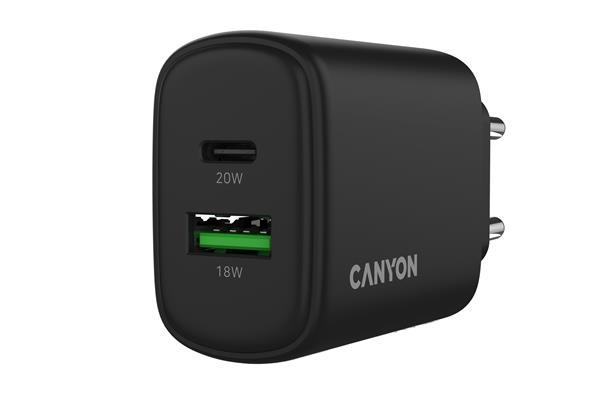 Canyon OnCharge 200, univerzálna nabíjačka do steny, 1x USB-C + 1x USB-A, PD 20W, čierna 