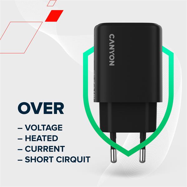 Canyon OnCharge 200, univerzálna nabíjačka do steny, 1x USB-C + 1x USB-A, PD 20W, čierna 
