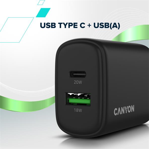 Canyon OnCharge 200, univerzálna nabíjačka do steny, 1x USB-C + 1x USB-A, PD 20W, čierna 
