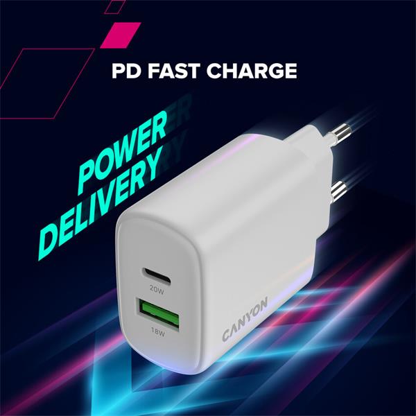 Canyon OnCharge 200, univerzálna nabíjačka do steny, 1x USB-C + 1x USB-A, PD 20W, čierna 