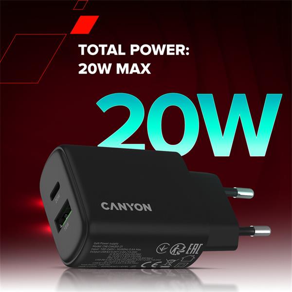 Canyon OnCharge 200, univerzálna nabíjačka do steny, 1x USB-C + 1x USB-A, PD 20W, čierna 