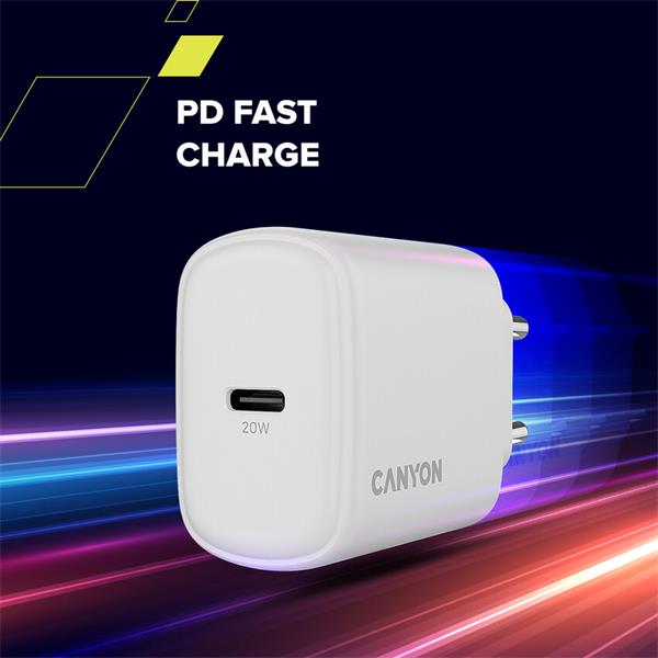 Canyon OnCharge 200, univerzálna nabíjačka do steny, 1x USB-C, PD 20W, biela 