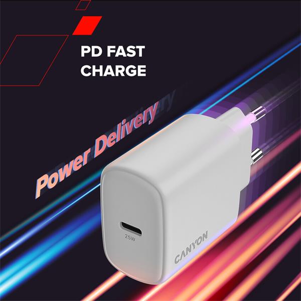 Canyon OnCharge 250, univerzálna nabíjačka do steny, 1x USB-C, PD 25W, biela 