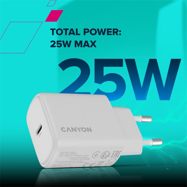 Canyon OnCharge 250, univerzálna nabíjačka do steny, 1x USB-C, PD 25W, čierna 