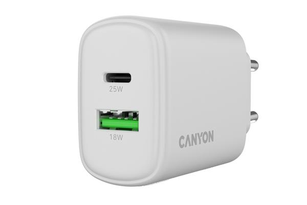 Canyon OnCharge 250, univerzálna nabíjačka do steny, 1x USB-C + 1x USB-A, PD 25W, biela 