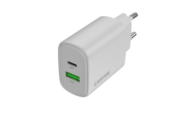 Canyon OnCharge 250, univerzálna nabíjačka do steny, 1x USB-C + 1x USB-A, PD 25W, biela 