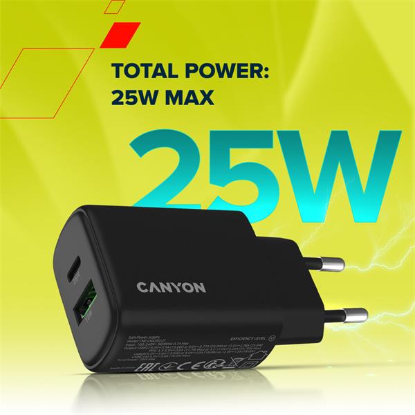 Canyon OnCharge 250, univerzálna nabíjačka do steny, 1x USB-C + 1x USB-A, PD 25W, biela 