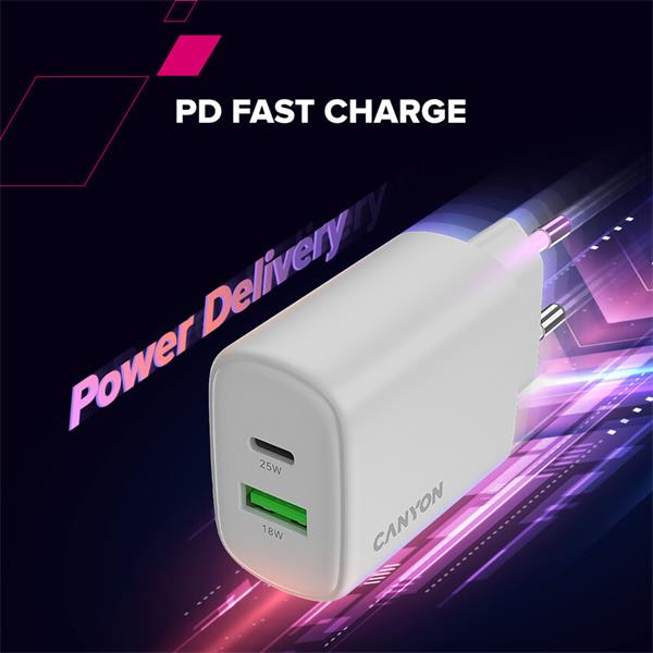Canyon OnCharge 250, univerzálna nabíjačka do steny, 1x USB-C + 1x USB-A, PD 25W, biela 