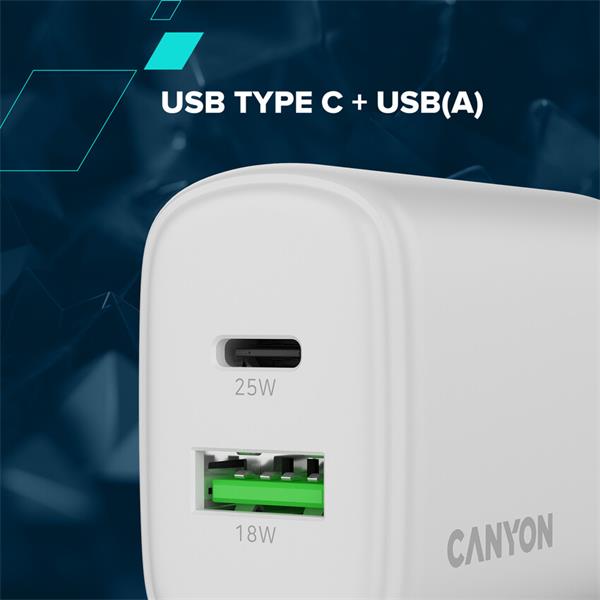 Canyon OnCharge 250, univerzálna nabíjačka do steny, 1x USB-C + 1x USB-A, PD 25W, biela 