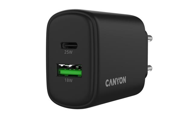 Canyon OnCharge 250, univerzálna nabíjačka do steny, 1x USB-C + 1x USB-A, PD 25W, čierna 