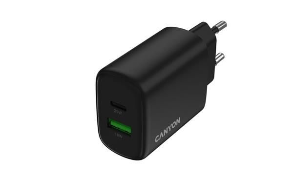 Canyon OnCharge 250, univerzálna nabíjačka do steny, 1x USB-C + 1x USB-A, PD 25W, čierna 